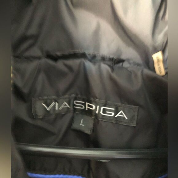 Via Spiga black down puffer jacket coat hoodie sz L full zip up tiny liner stain - Picture 5 of 11